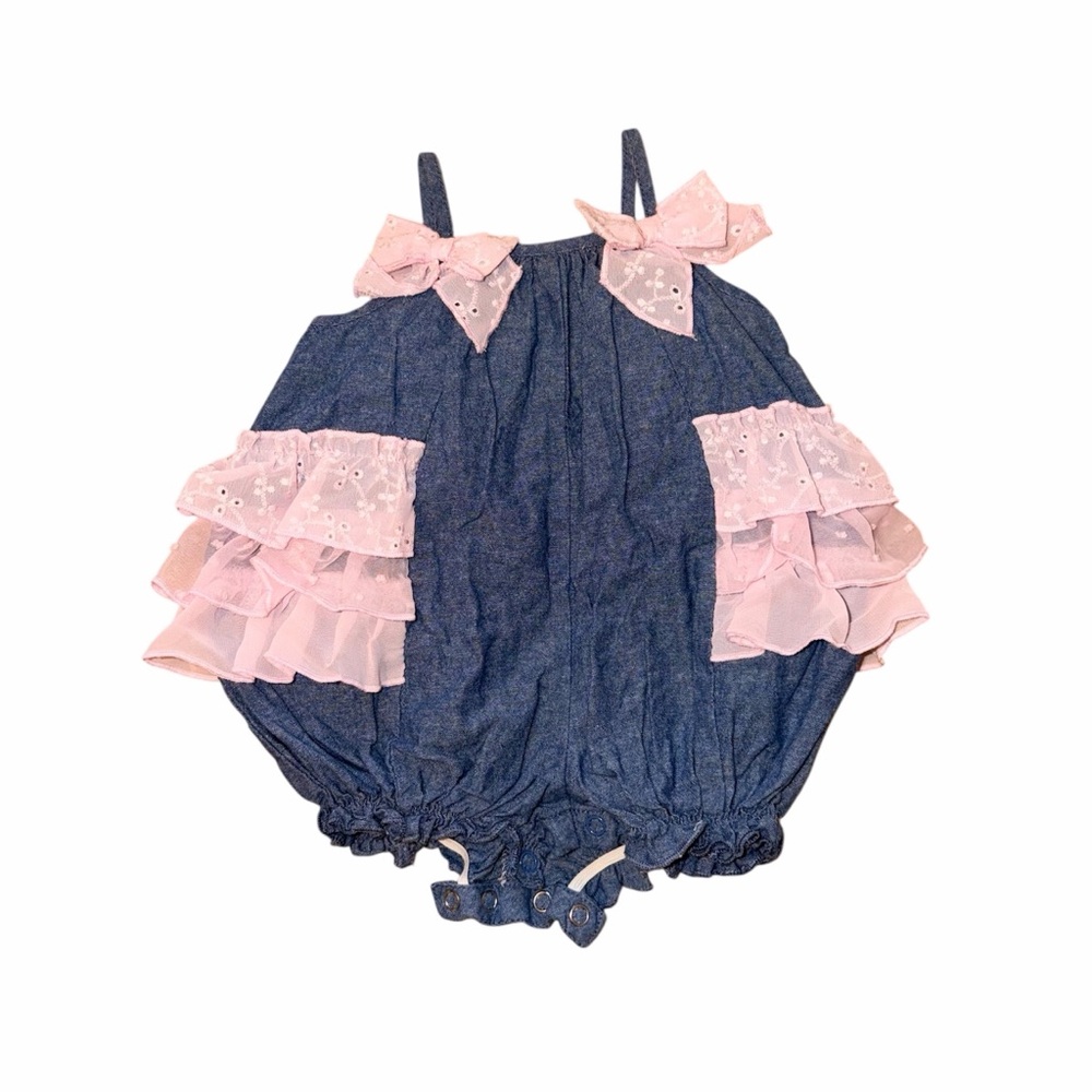 Bonnie Baby Denim-Look Bubble Romper with Pink Ruffles